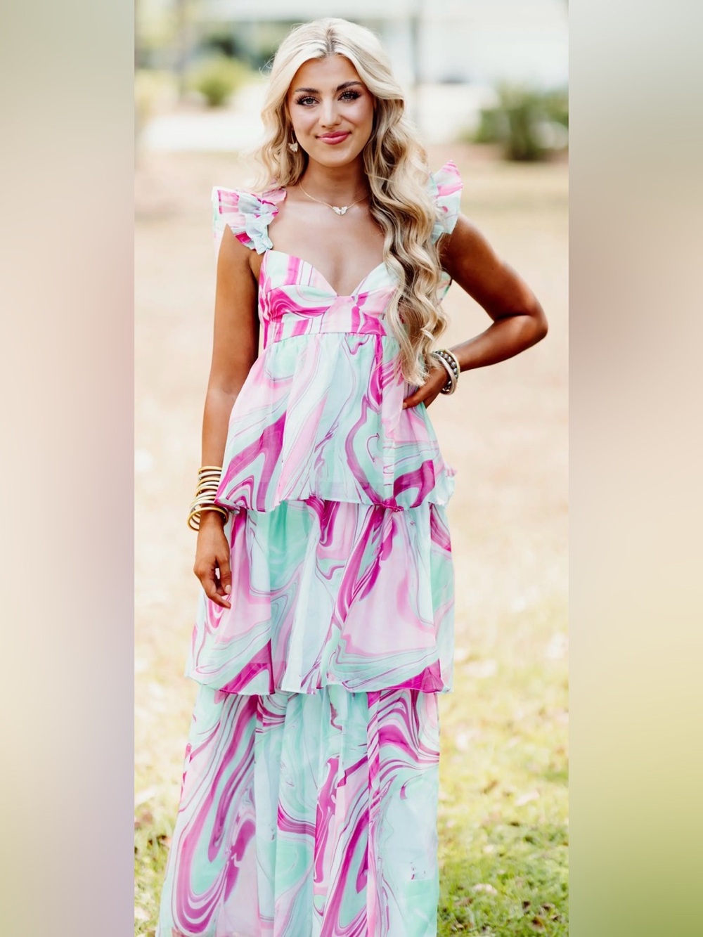 Karlie Aqua Pink Multi Swirl Organza Tiered Maxi Dress Ruffle Strap L NWT - Picture 3 of 8